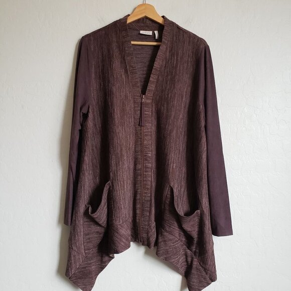 LOGO by Lori Goldstein Sharkbite Hem Zip Cardigan Faux Suede Sleeves Brown Large - Picture 1 of 11